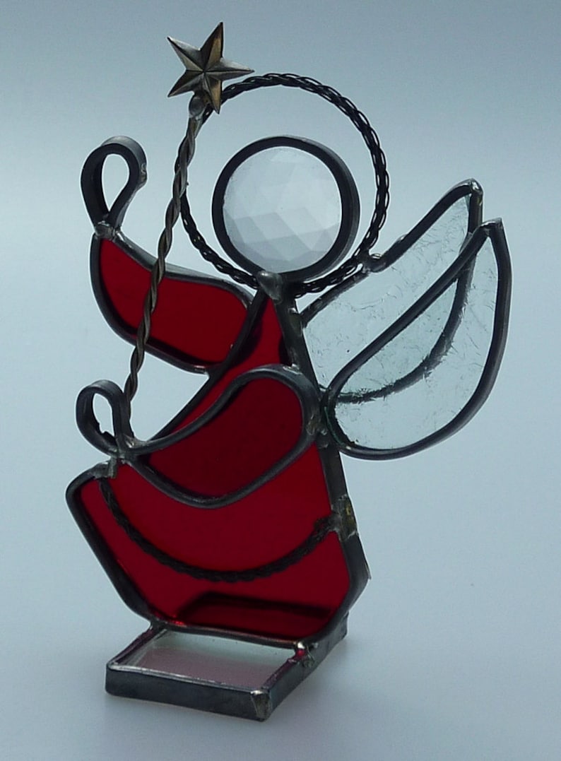 Vintage Ruby Red Angel Stained Leaded Glass Pewter Metal Figurine Angel Holding Christmas Star