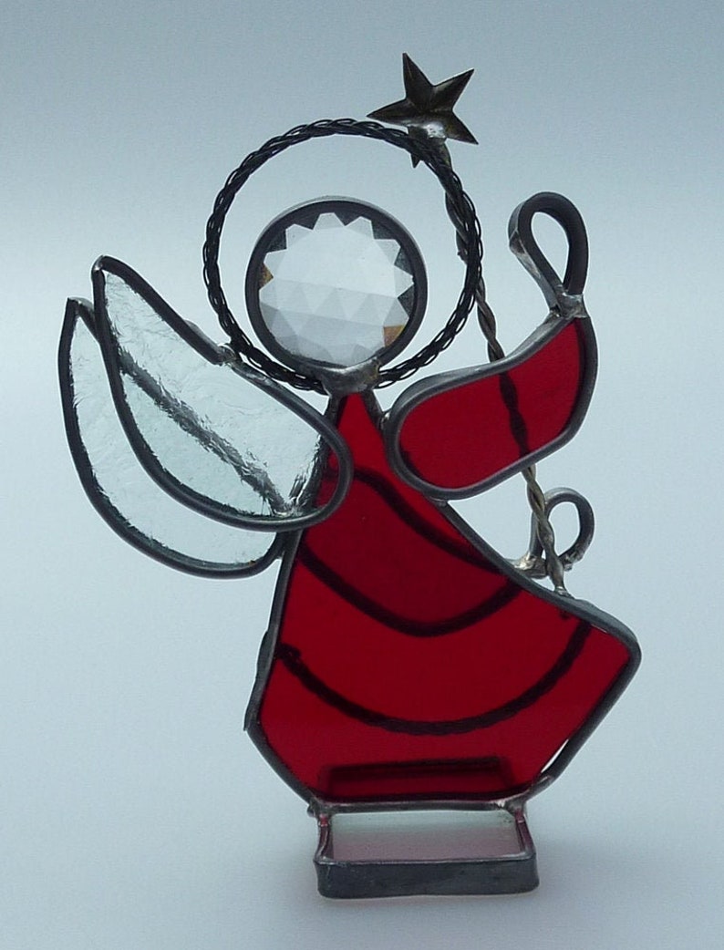 Vintage Ruby Red Angel Stained Leaded Glass Pewter Metal Figurine Angel Holding Christmas Star