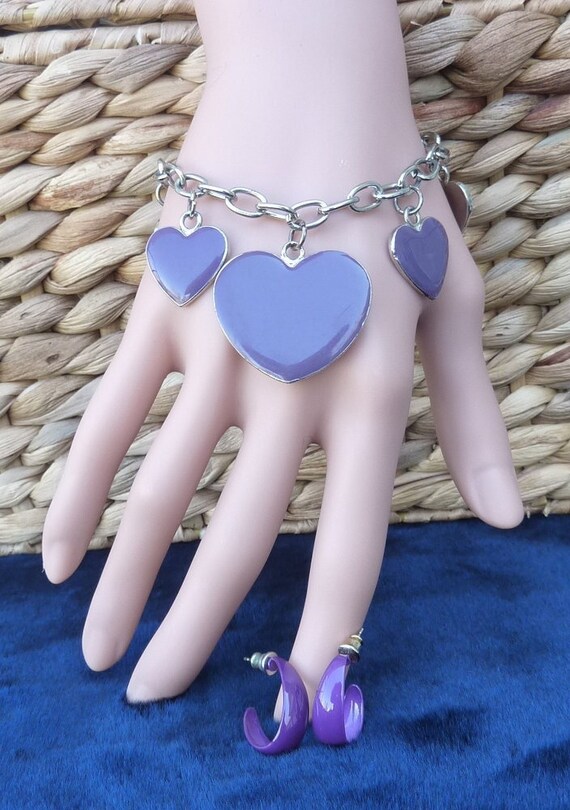 Vintage Enamel Purple Heart Charm Bracelet & Pierc