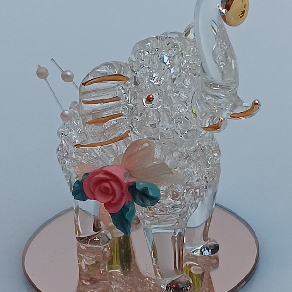Spun Glass Elephant on Mirrored Base Figure Blown Mini Rose Adornment Gold Gilt Vintage