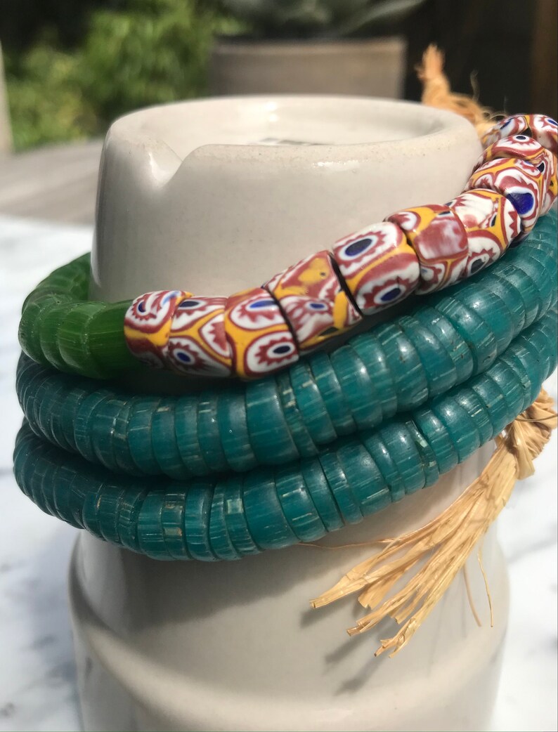 Rare trading shops disk beads, turquoise, green, millefiori, mixed strand