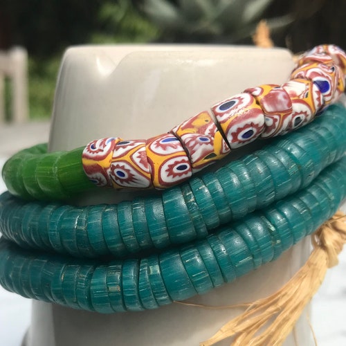 Rare trading shops disk beads, turquoise, green, millefiori, mixed strand