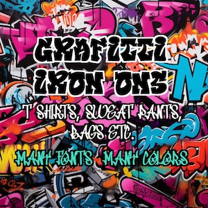 May include: A vibrant image showcasing graffiti art with the text "GRAFFITI IRON ONS" in bold, black letters. The background is a collage of colorful graffiti tags. The image also mentions t-shirts, sweatpants, and bags.