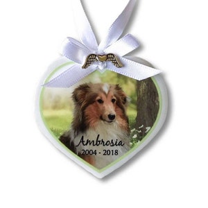 Pet Memorial Photo Heart Ornament White Flowers, wood, pet loss gift, personalized, dog condolence gift, cat loss, angel wings, keepsake image 2