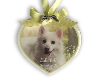 Pet Memorial Photo Heart Ornament - White Flowers, wood heart, pet loss gift, personalized, dog condolence, cat loss, angel wings, keepsake