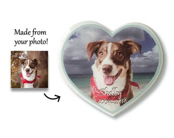 Pet Memorial Photo Heart Magnet - Seashore, wood heart, pet loss gift, dog condolence gift, beach sand, ocean magnet, remembrance keepsake