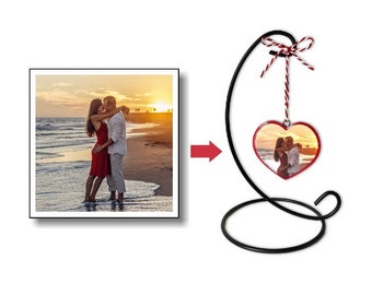 My Heart's On A String Valentine's Day photo ornament with stand, personalized gift, girlfriend, boyfriend, wife, red heart, custom