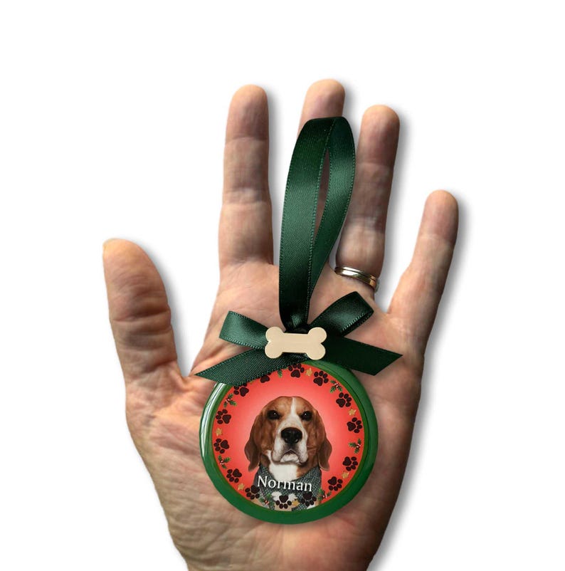 May include: A green and red Christmas ornament featuring a Beagle dog with a festive scarf. The ornament has a bone-shaped hanger and the dog's name, "Norman", is printed on the ornament.