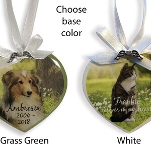 Pet Memorial Photo Heart Ornament White Flowers, wood, pet loss gift, personalized, dog condolence gift, cat loss, angel wings, keepsake image 3