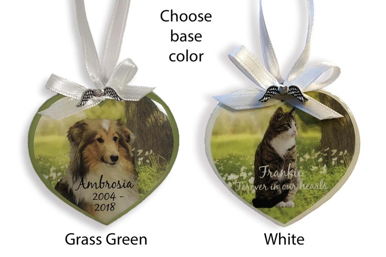 Pet Memorial Photo Heart Ornament White Flowers, wood, pet loss gift, personalized, dog condolence gift, cat loss, angel wings, keepsake image 3