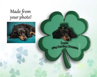 Shimmering Shamrock Photo magnet, personalized 4 leaf clover, green sparkles, wood, pet keepsake, St. Patrick's Day gift, lucky charm