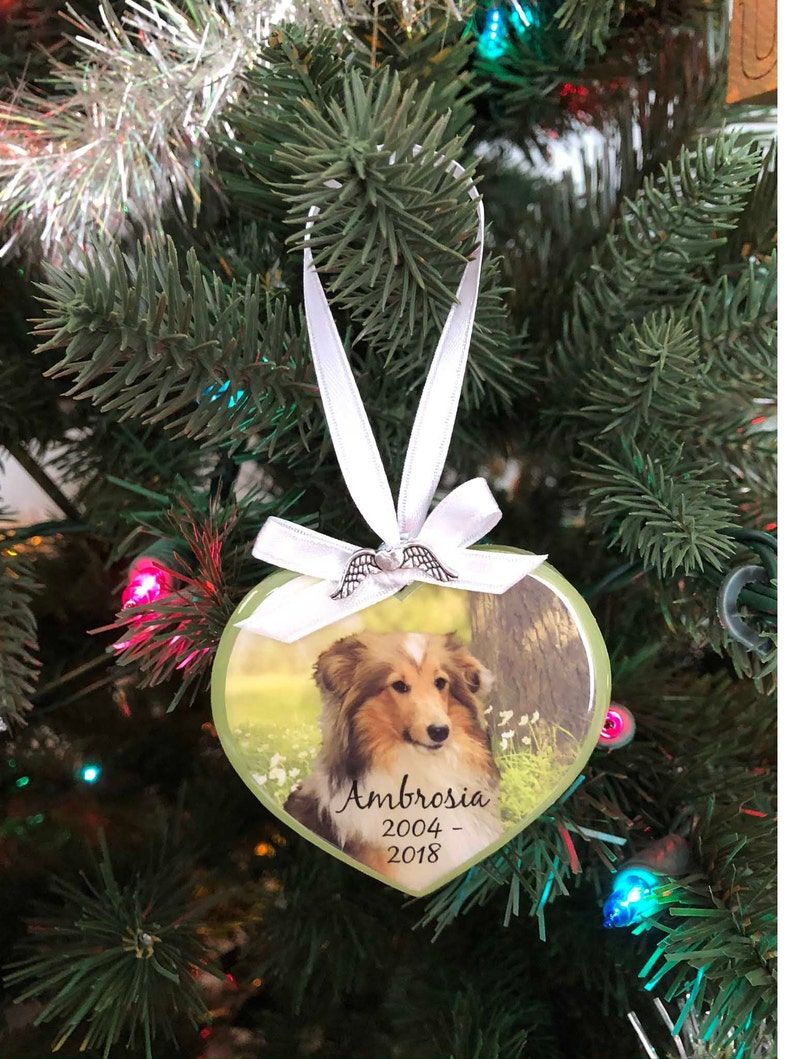 Pet Memorial Photo Heart Ornament White Flowers, wood, pet loss gift, personalized, dog condolence gift, cat loss, angel wings, keepsake image 6