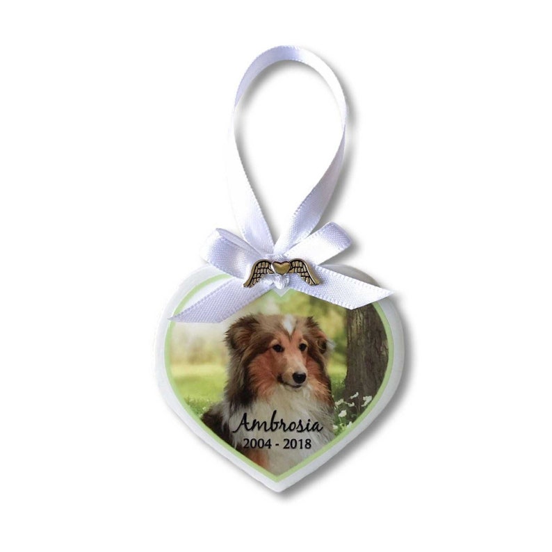 Pet Memorial Photo Heart Ornament White Flowers, wood, pet loss gift, personalized, dog condolence gift, cat loss, angel wings, keepsake image 2