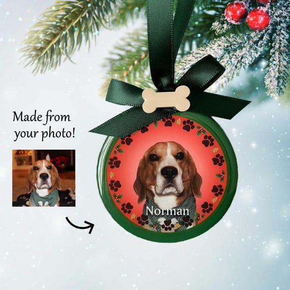 Personalized Dog Photo Ornament - Paw Prints & Holly, wood, photo ornament, custom photo gift, dog lover gift, dog bone