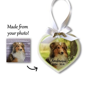 Pet Memorial Photo Heart Ornament White Flowers, wood, pet loss gift, personalized, dog condolence gift, cat loss, angel wings, keepsake image 1