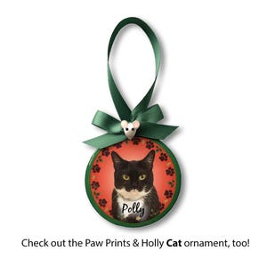 May include: A round, green Christmas ornament with a red background featuring a black and white cat with the name "Polly" printed below. The ornament has a green ribbon and a small white mouse charm.