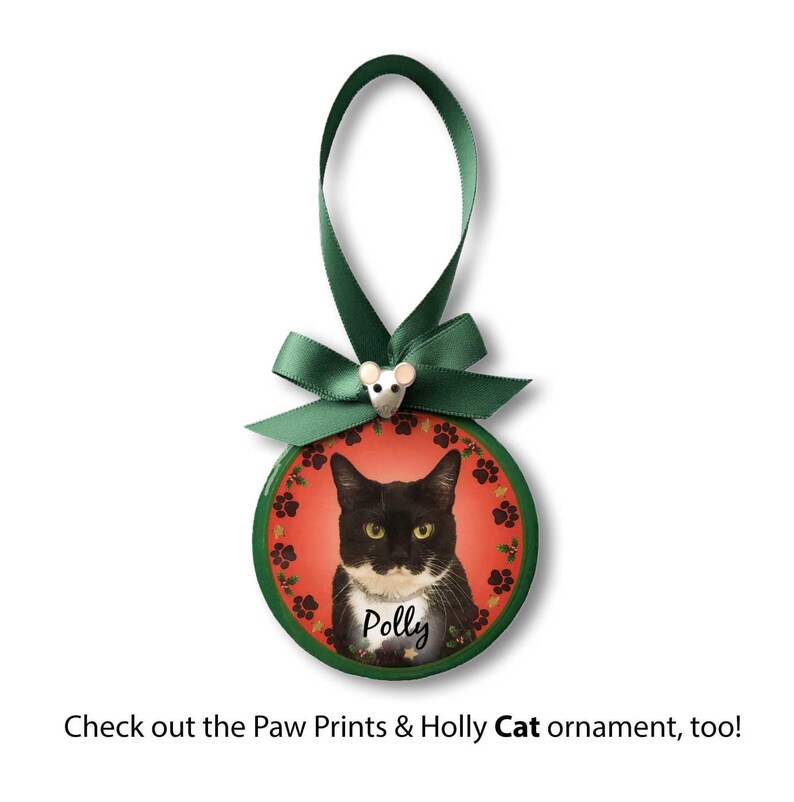 May include: A round, green Christmas ornament with a red background featuring a black and white cat with the name "Polly" printed below. The ornament has a green ribbon and a small white mouse charm.