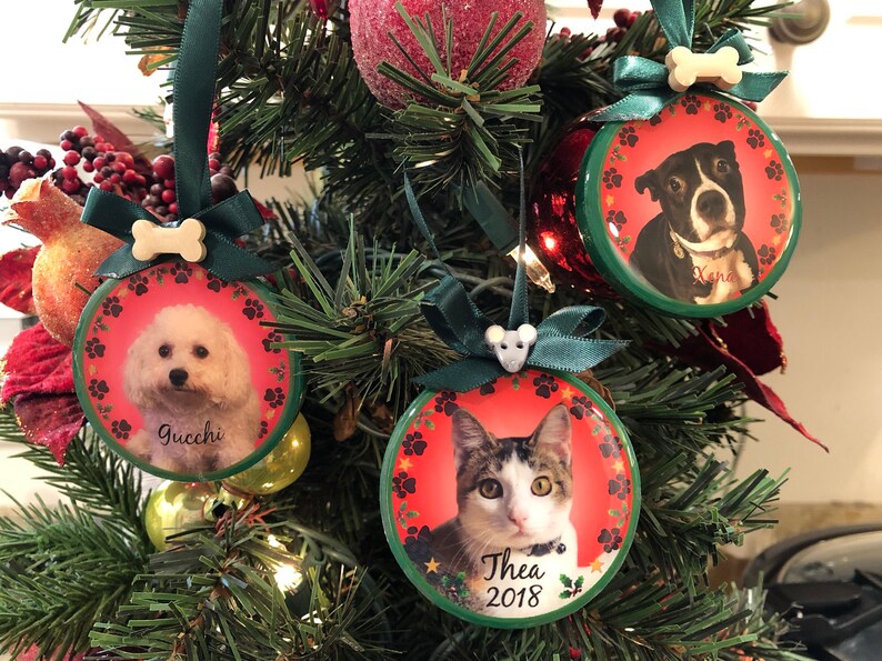 May include: Three personalized Christmas ornaments featuring pet portraits. A white dog named "Gucci", a black and white dog named "Xena", and a tabby cat named "Thea 2018". Each ornament has a red background with paw prints and a green border.