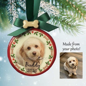 Personalized Dog Photo Ornament - Dog Bones & Holly, personalized photo ornament, custom photo gift, Christmas idea, dog lover gift keepsake