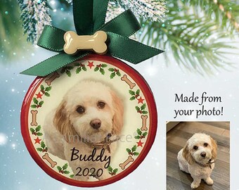 Personalized Dog Photo Ornament - Dog Bones & Holly, personalized photo ornament, custom photo gift, Christmas idea, dog lover gift keepsake