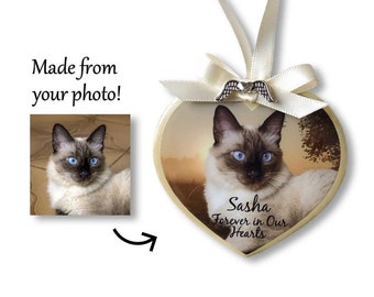 Pet Memorial Photo Heart Ornament - Misty Morning, wood heart, pet loss gift, personalized, dog condolence, cat loss, angel wings, keepsake