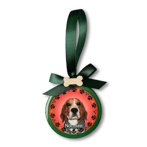 May include: A green Christmas ornament with a red and white dog illustration, a bone, and the name "Norman".