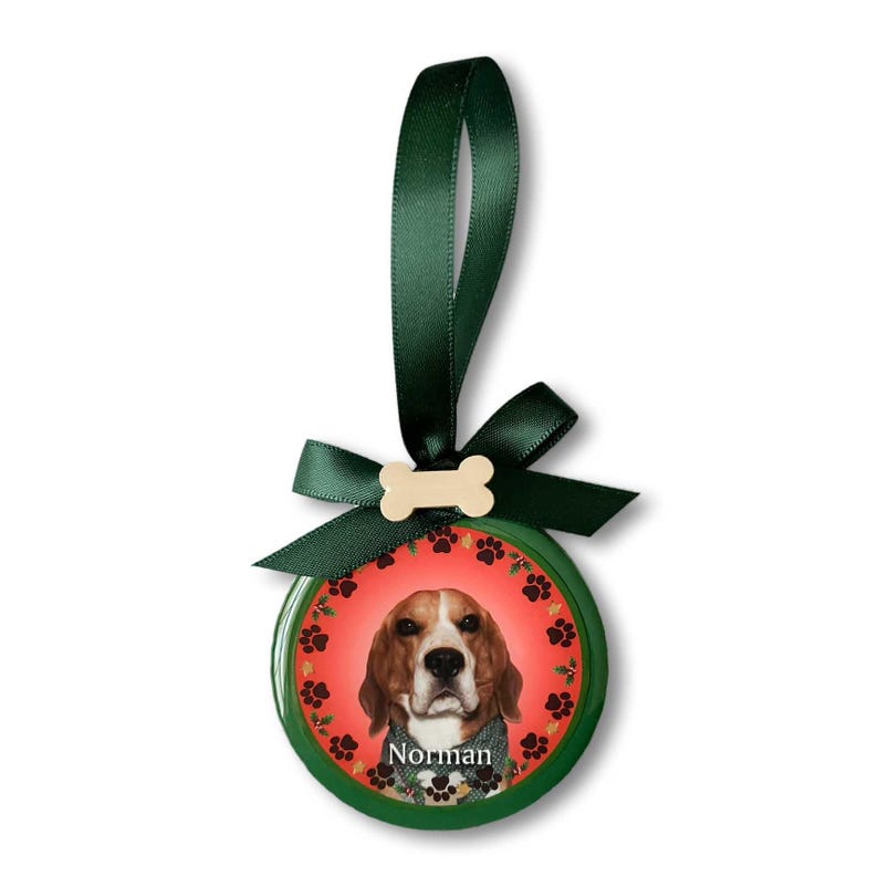 May include: A green Christmas ornament with a red and white dog illustration, a bone, and the name "Norman".