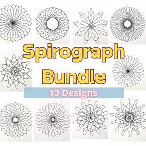 May include: A set of 10 Spirograph designs, each a unique black and white geometric pattern. The designs are displayed on white paper with a yellow banner that reads "Spirograph Bundle 10 Designs".