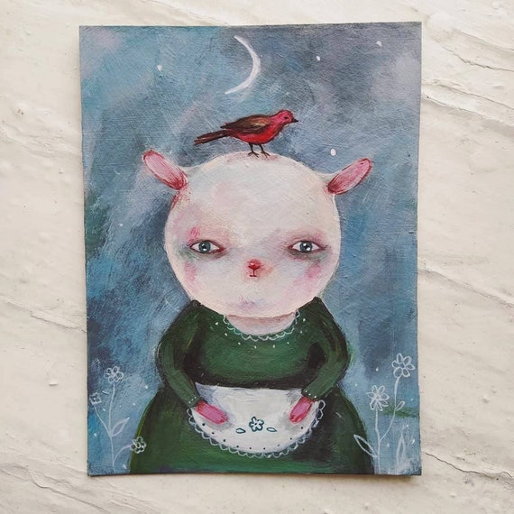 Mouse painting original acrylic animal art mouse with bird Etsy