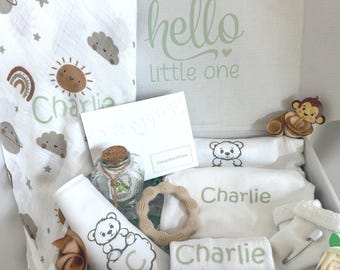 Personalized Newborn Gift Basket, Sage Green, Onesie Bib Blanket Set, Keepsake Memory Box