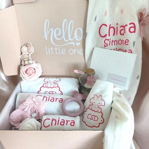 BABY GIRL Gift Basket | Newborn Shower Pink Box | Welcome to the World | Congratulations Birth of New Baby | PERSONALIZED Onesie Bib Blanket