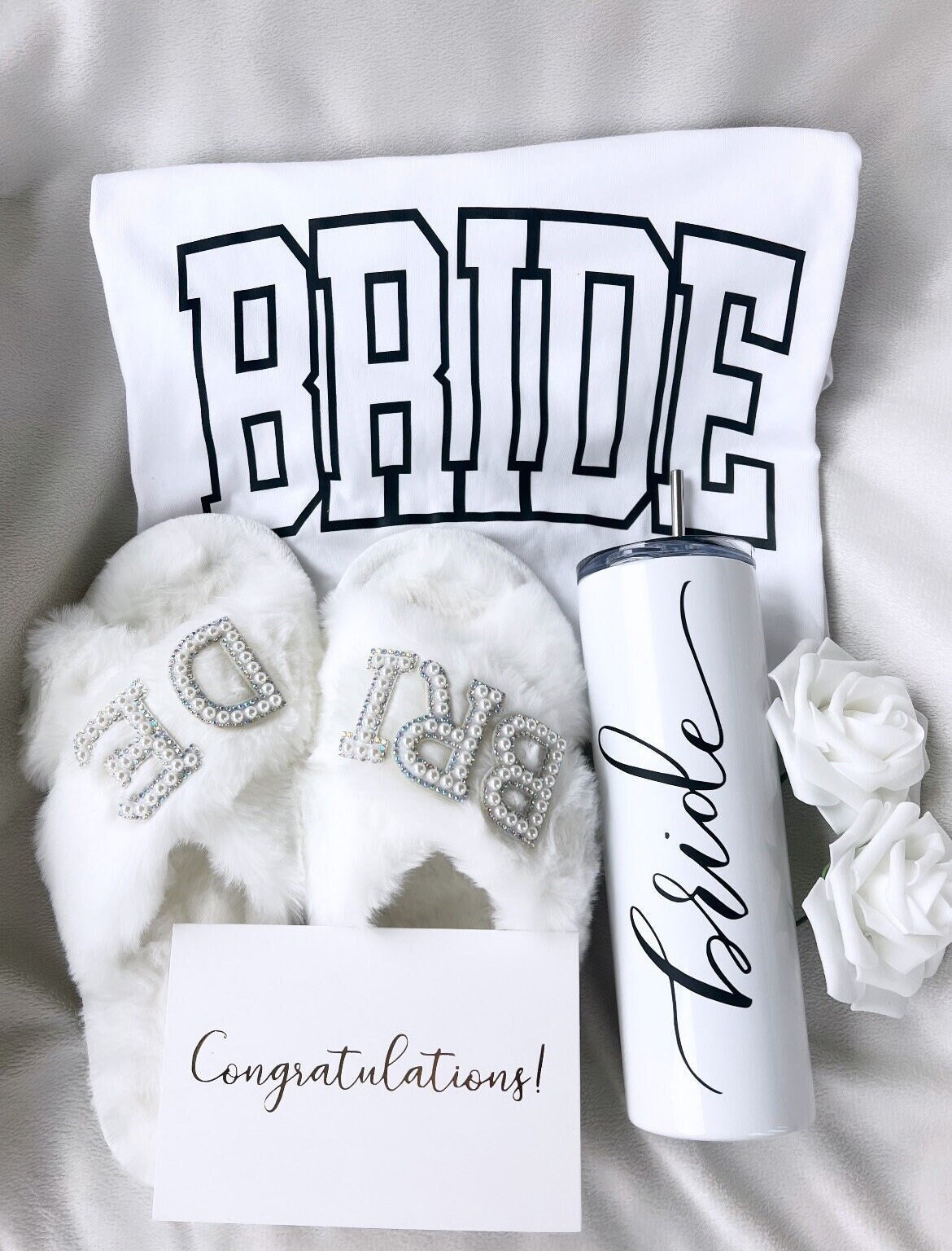 Engagement VARSITY Bride T-Shirt - Slippers & Tumbler Gift Box | Bride-To-Be WIFEY Wedding Shower Baskets | Omg You’re Engaged | Miss To Mrs