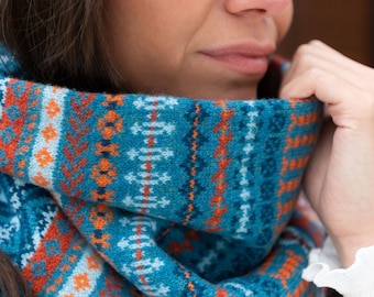 Fair isle snood cowl scarf. neck warmer. Teal, orange, blue, turquiose