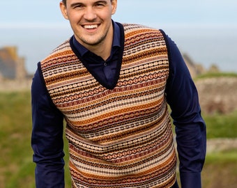 2 colours. Mens Scottish lambs wool Fair isle slipover, tank top, vest, sleeveless, sweater, jumper, pullover. Grey, Navy, blue. V Vee neck