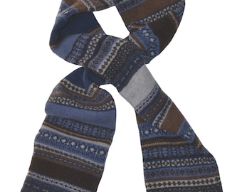 Fair isle Scottish lambs wool "Clyde" knitted winter scarf - Blue, brown, grey. Scarf for him, Mens scarf, womens scarf, scarf for her