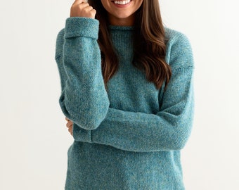 9 colours. Womens chunky Scottish wool roll neck cuffed jumper sweater. blue, natural, brown, black, grey, teal, red, mustard, purple