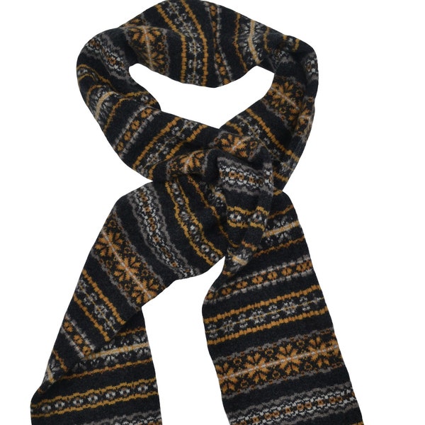 Fair isle Scottish lambswool "Scalloway" knitted winter scarf - charcoal grey, mustard yellow, gray. mens scarf. scarf for him.