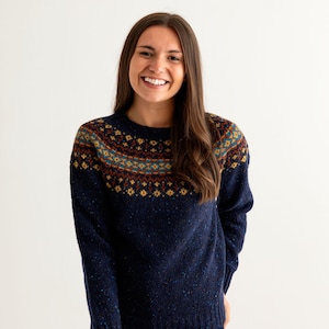 9 colours. Womens Fair isle jumper sweater wool Red, Aqua, Rust, Purple, Grey, Navy, Blue, Orange Ladies Croft yoke pullover. scottish Navy Blue