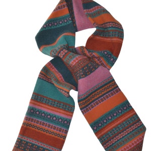 Fair isle Scottish lambswool &quot;Clyde&quot; knitted winter scarf - Aqua, orange, green, pink. Scarf for her, womens scarves