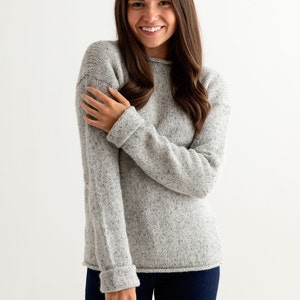 Womens chunky Scottish wool jumper in limestone grey with feature cuff