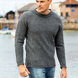 3 colours. Mens Gansey jumper sweater pullover shetland character wool. Putty, Navy, blue, grey, gray. Guernsey jumper