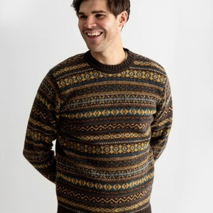 brown wool mens fair isle jumper sweater with patterns in mustard yellow and teal