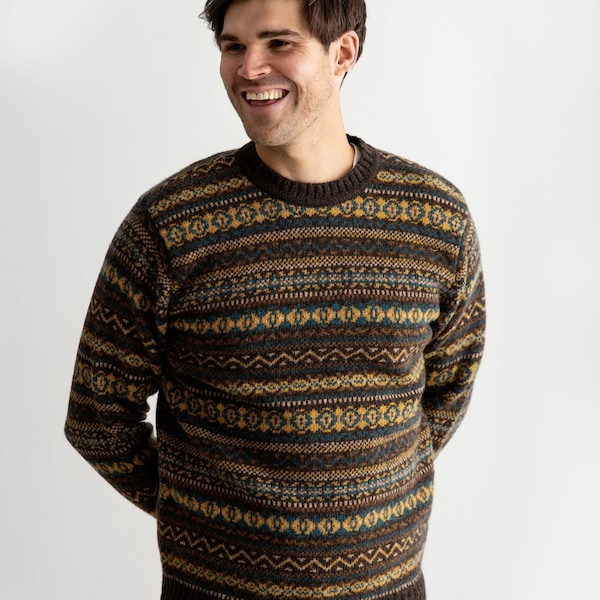 5 colourways. Mens Fair isle Crew neck Jumper Sweater. green, brown, beige, blue, red, grey, gray. Shetland wool. "Kinnaird" pattern