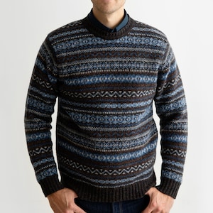 Mens fair isle Scottish wool jumper. Kinnaird pattern sweater in blue and brown colourway