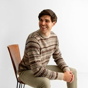 Mens fair isle sweater in neutral browns and beige Scottish wool.