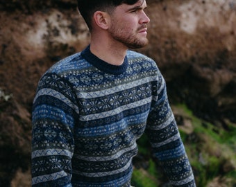 3 colourways. Mens Fair isle Jumper Sweater. Crew neck. brown, blue, orange. Shetland wool. "Drumtochty" pattern