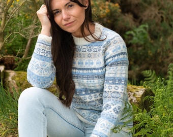 3 colours. Womens Scottish wool Fair isle jumper sweater.  Blue, Green, Brown. Ladies Drumtochty pullover. All over pattern.