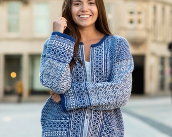 6 colours. Womens fair isle Kimono cardigan wool coatigan. Blue, black, green, red, beige, navy, teal. Towie pattern