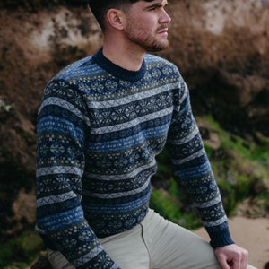 3 colourways. Mens Fair isle Jumper Sweater. Crew neck. brown, blue, orange. Shetland wool. &quot;Drumtochty&quot; pattern