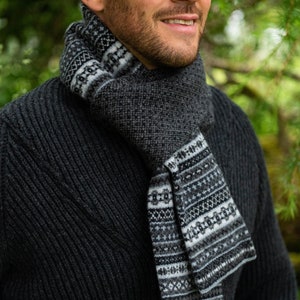 Man wearing mono-chrome fair isle scarf in shades of charcoal and grey